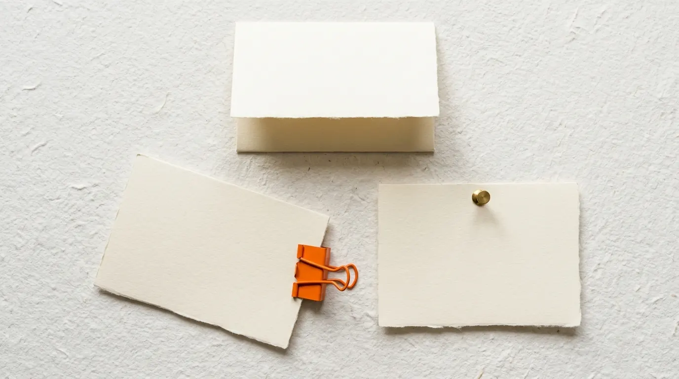 Paper slips and an orange clip arranged on a bright tabletop
